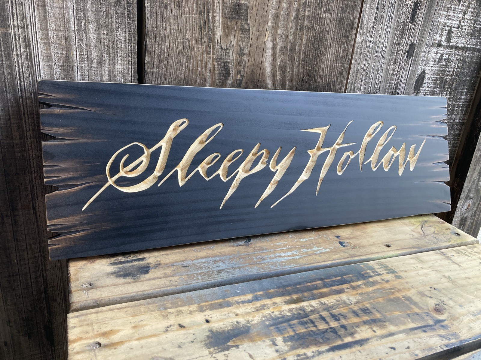Halloween Sleepy Hollow Wooden Sign Carved Rustic Antique Look
