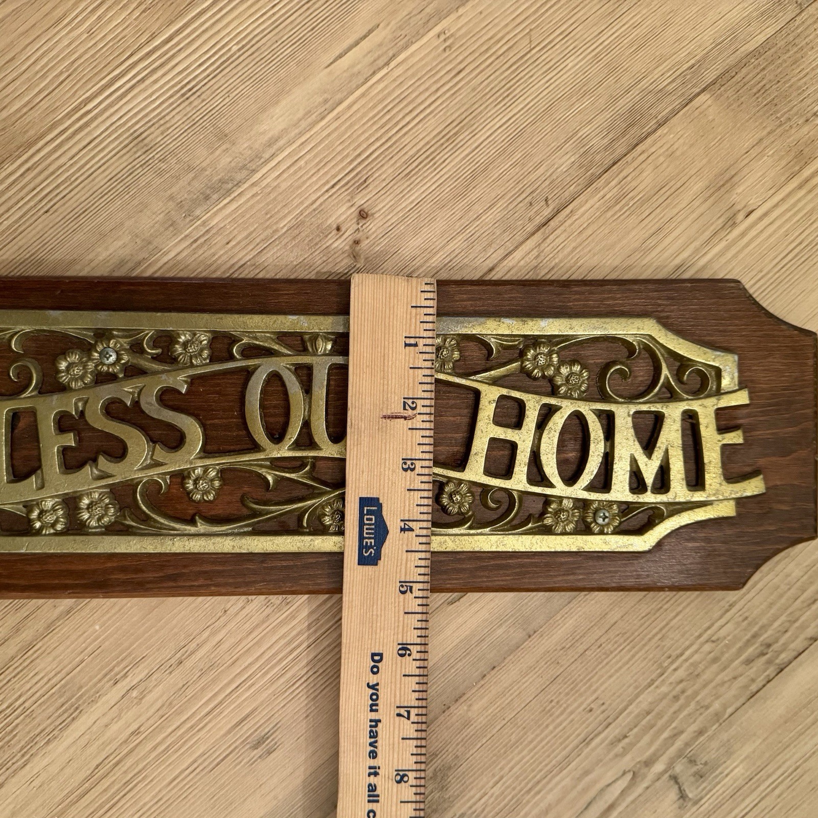 Vintage Bless Our Home Plaque Brass Toned Cast Metal On Solid Wood 17×5 1/4 In