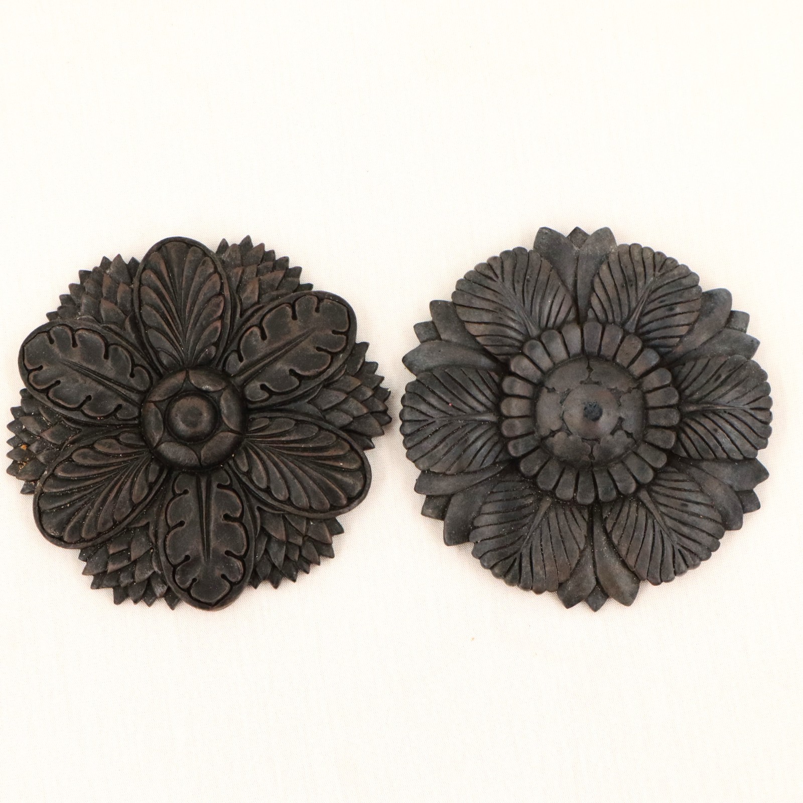 Neoclassical Floral Rosette Wall Plaques Set of 2 Black Resin 4in