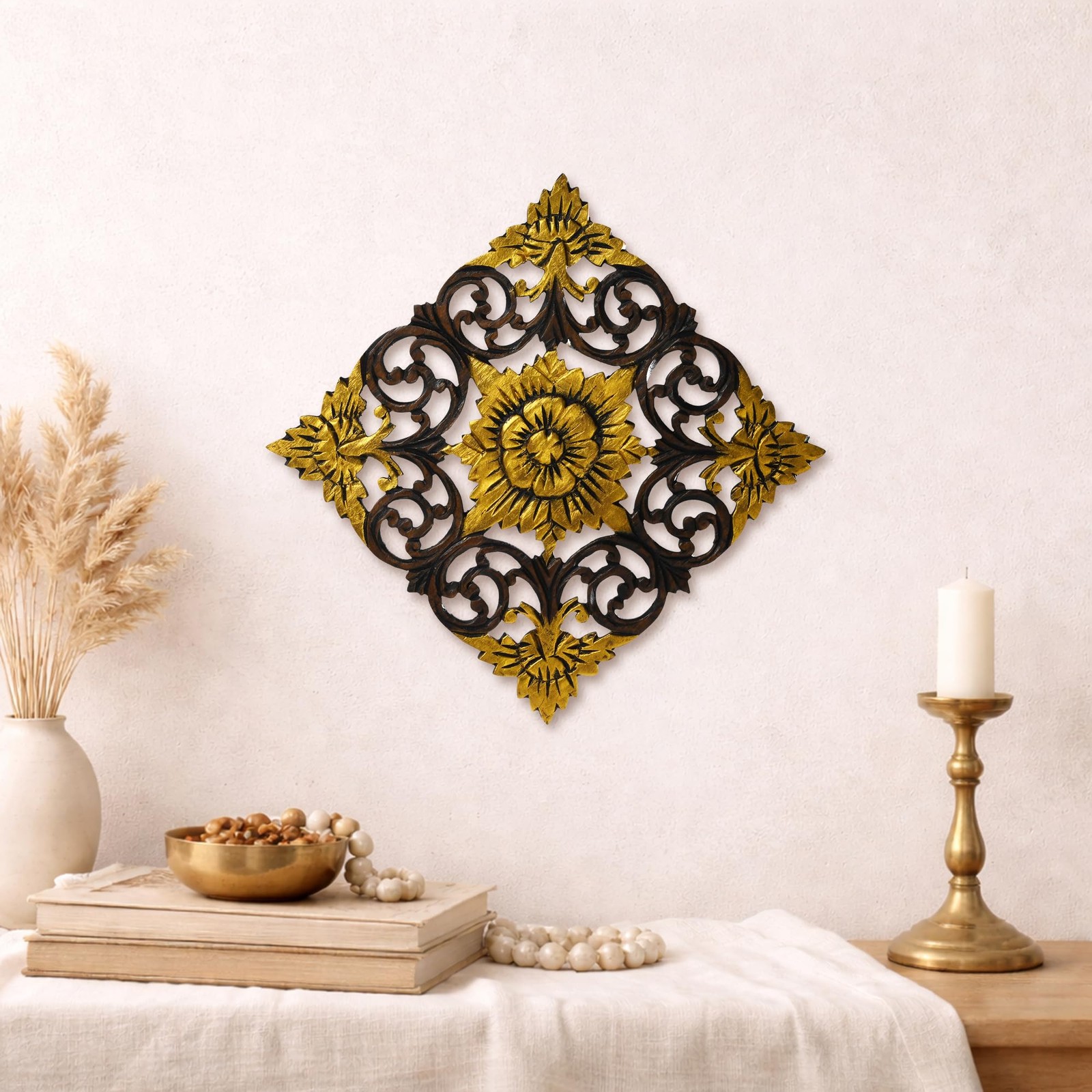 Hand Carved Teak Wood Wall Art Panel – 11-Inch Rustic Flower Design Decor