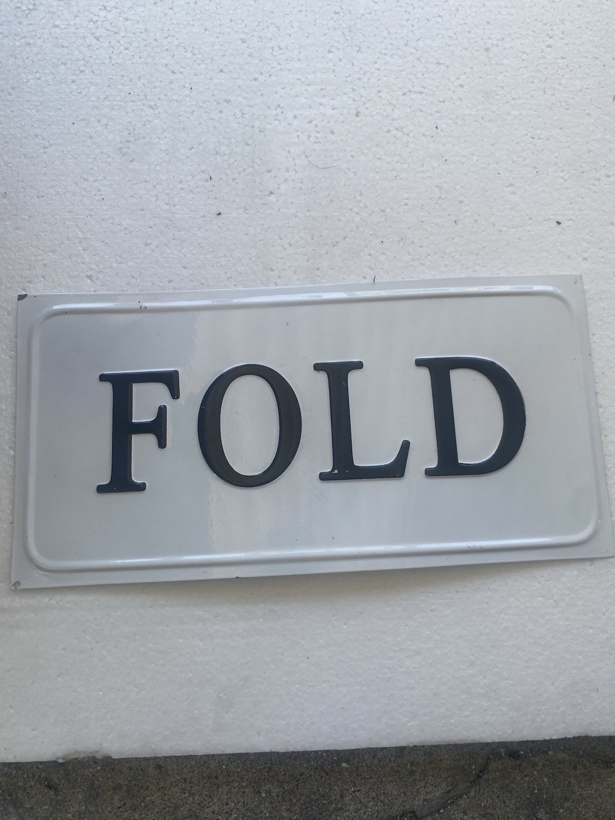 Minimalist White Plastic Wall Sign Plaque FOLD Black Text Glossy Rectangle