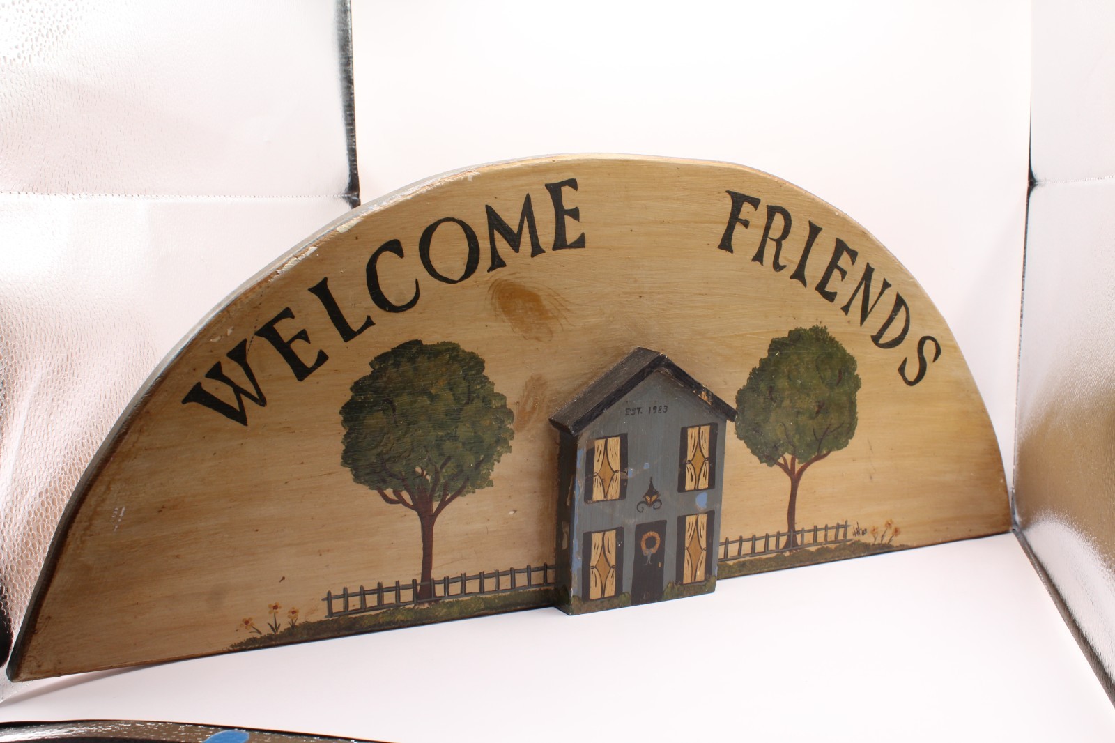 Vintage WELCOME FRIENDS Handcrafted Wood Arched Hand Painted House Sign Plaque