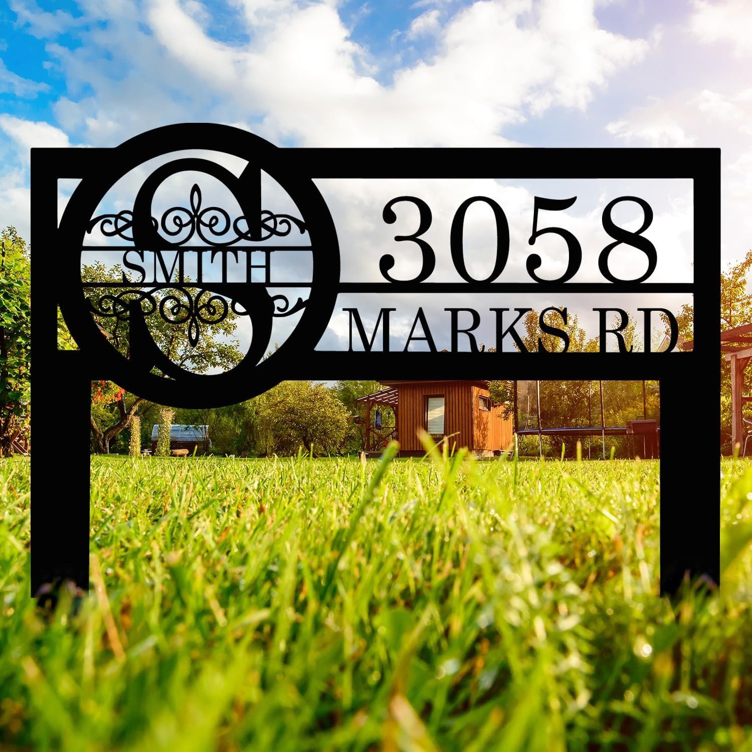 Personalized Metal Yard Address Sign Last Name and Monogram House Number Sign
