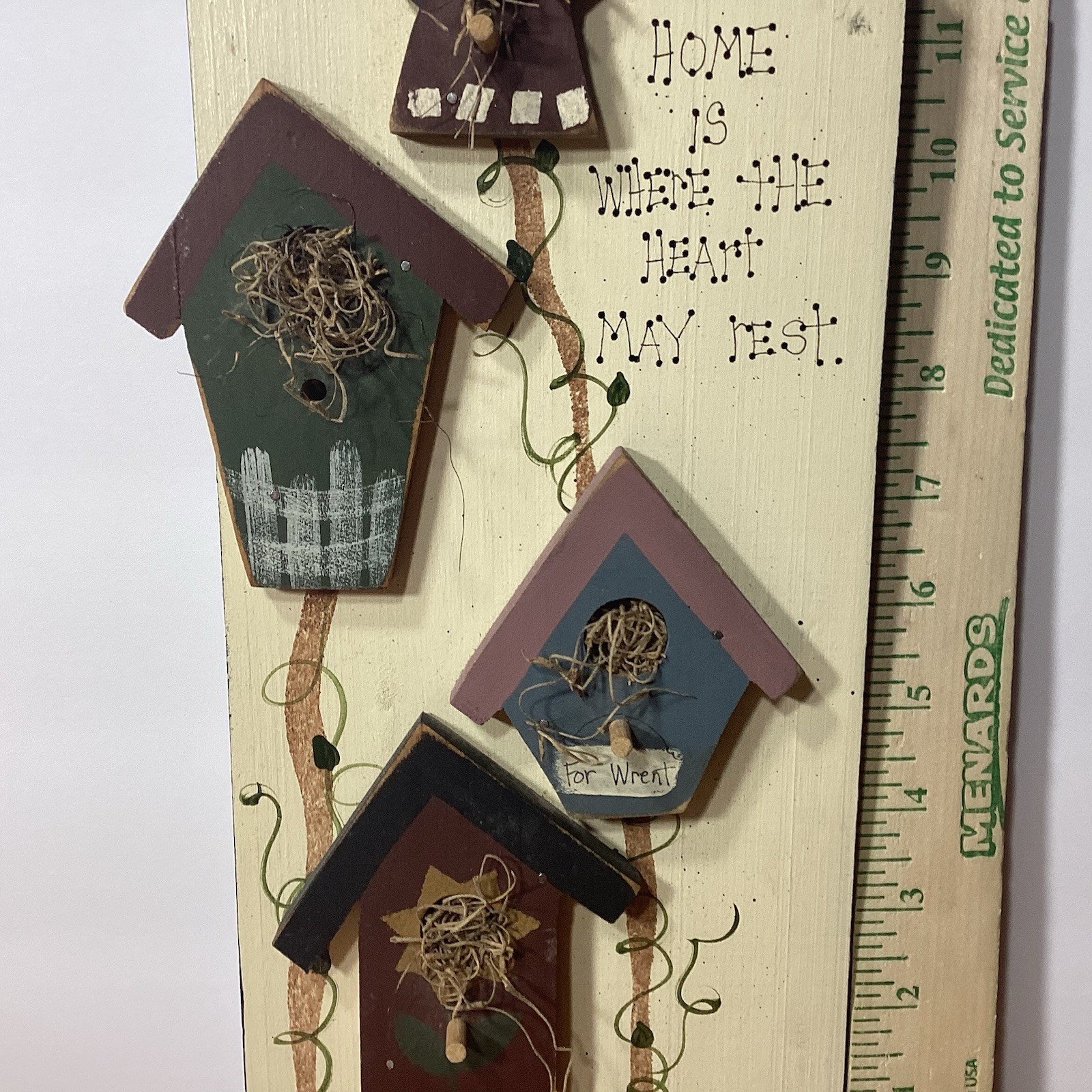 Hand Painted Wooded Primative Plaque Wall Hanging Bird Houses Home Quote