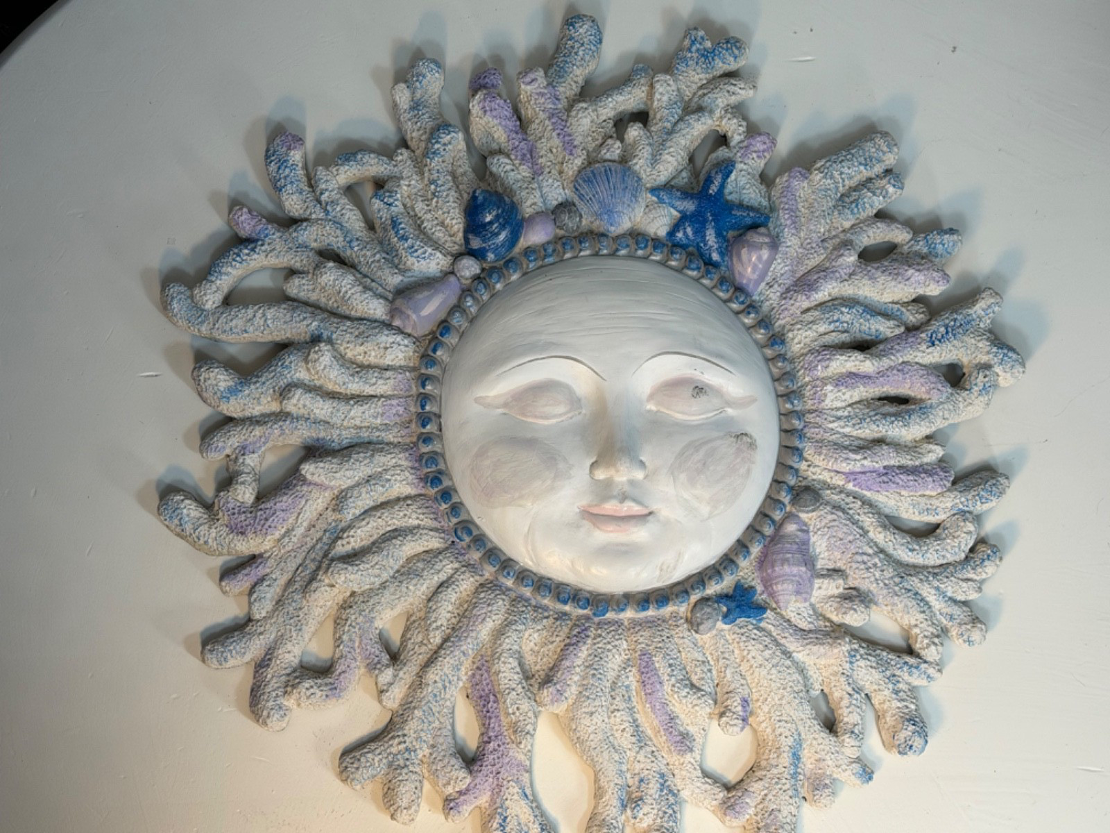 Large Coastal Sun Moon Wall Plaque Coral Seashell Starfish Beach Decor 20 Inch