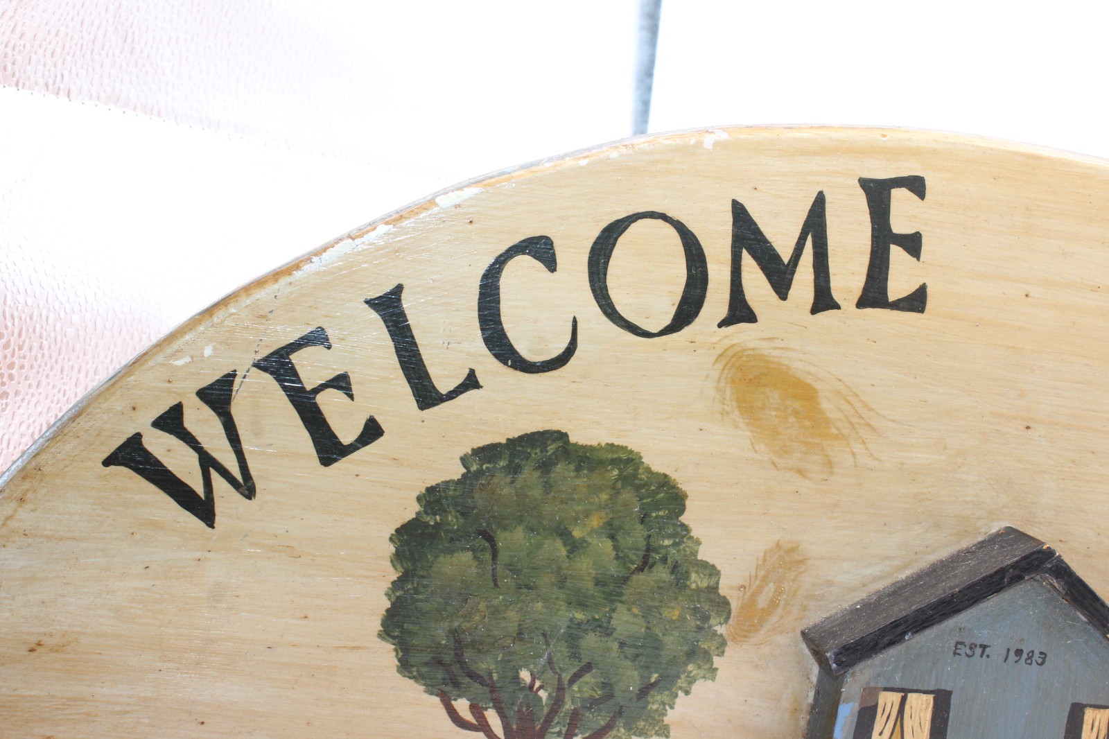 Vintage WELCOME FRIENDS Handcrafted Wood Arched Hand Painted House Sign Plaque