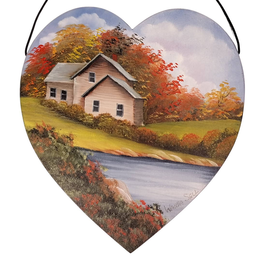Handpainted Country House on Wooden Heart Plaque Wire Hanger Signed Wanda Sell