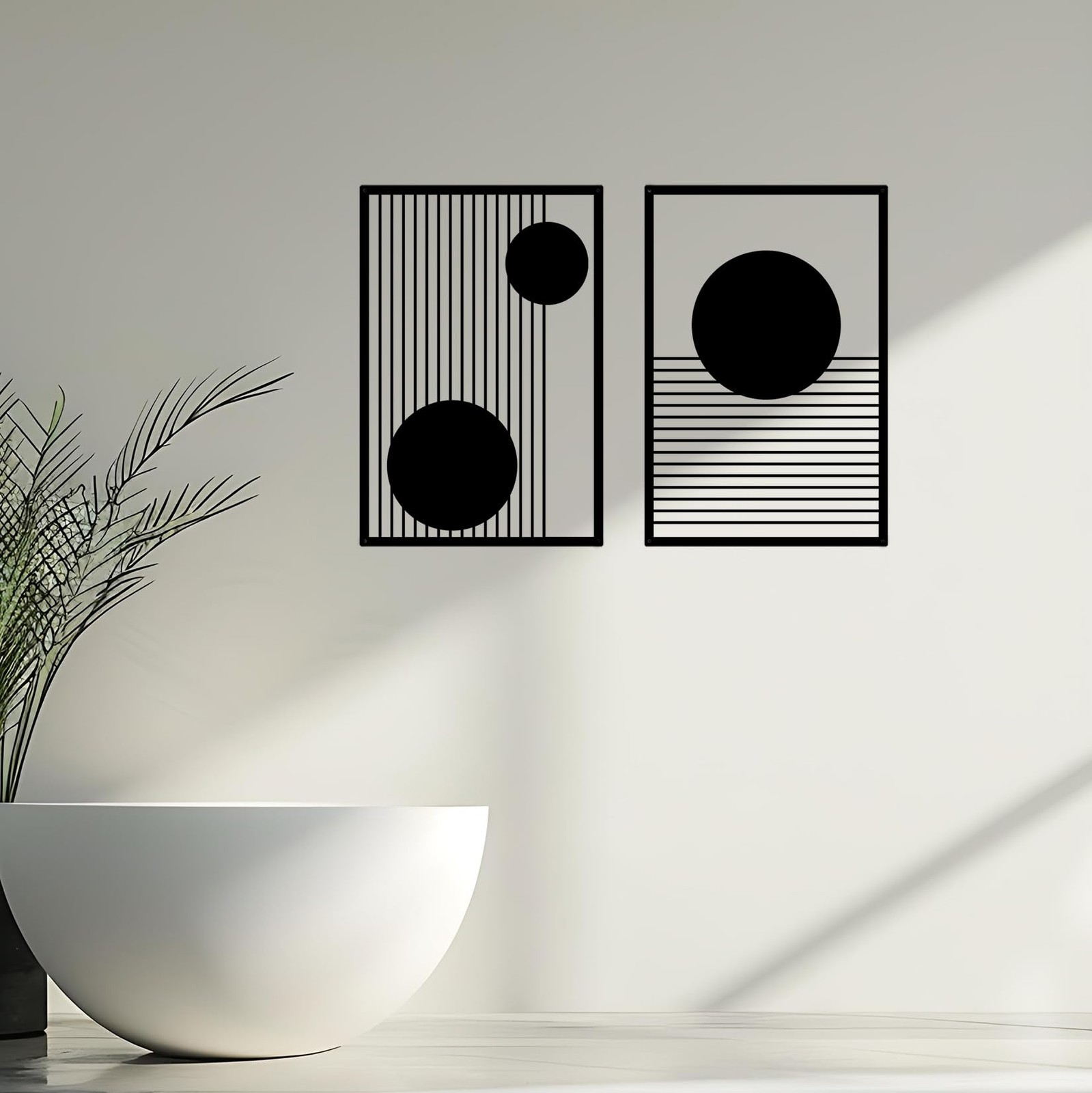 Large 2 Pcs Abstract Metal Wall Art, Black Geometric Decor for Home Office