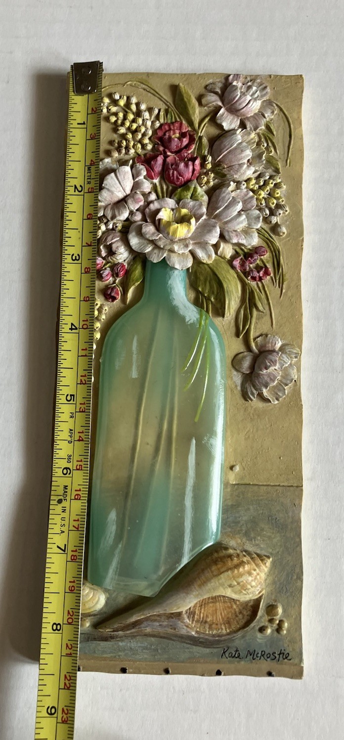 Kate McRostie Decorative 3D Wall Plaque Resin Sculpted Flowers In Aqua Vase
