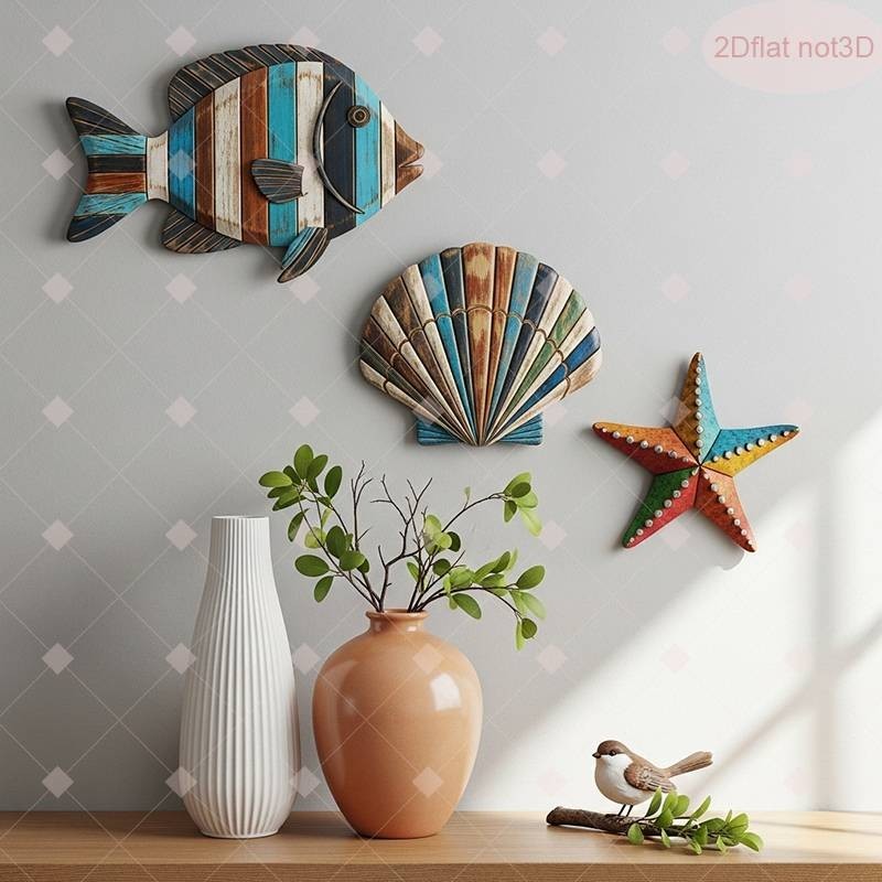 3 Piece Wooden Wall Decor Set American Coastal Style Sea Fish Shells ＆ Starfish