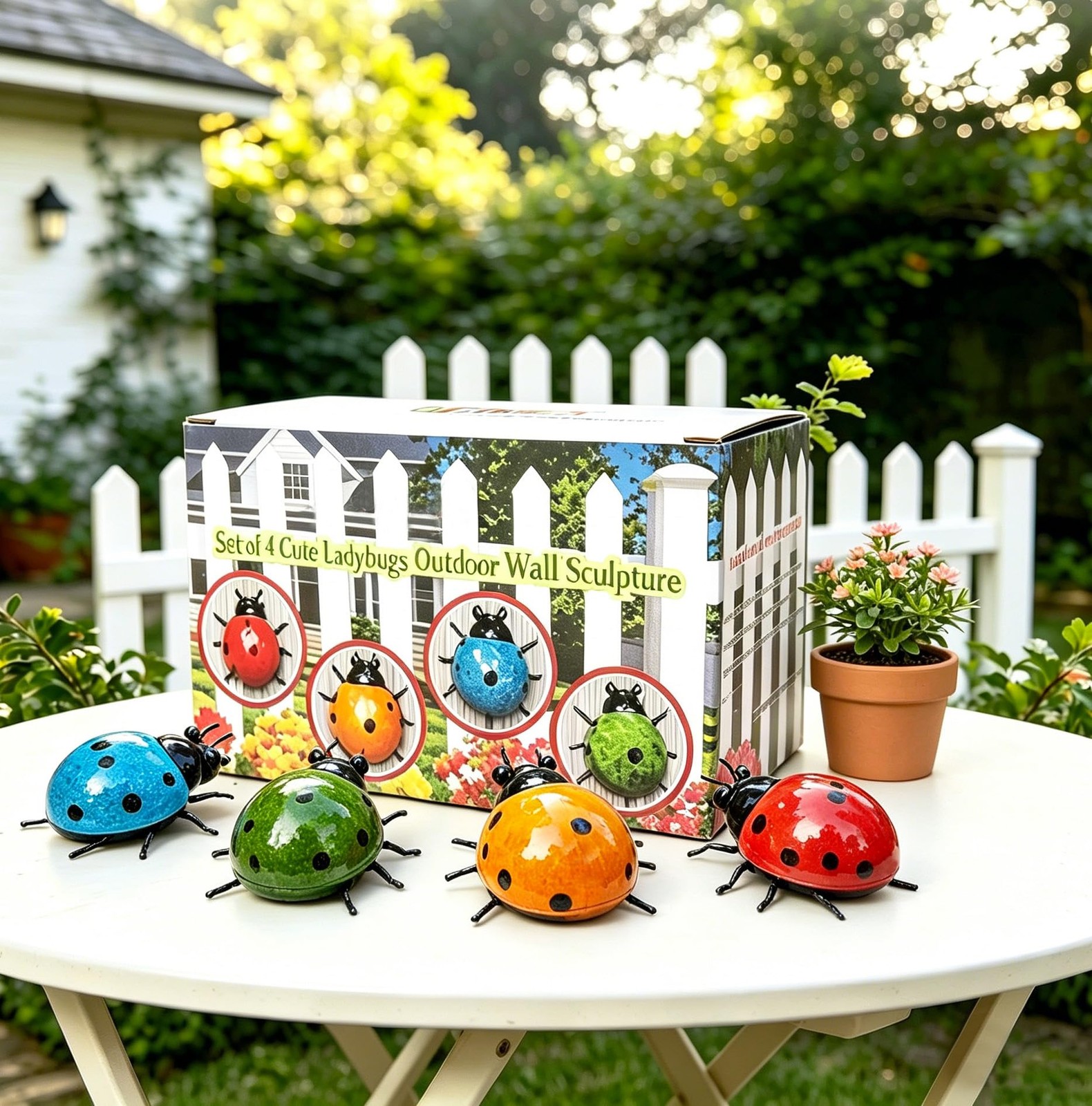 Metal Garden Wall Art Set of 4 Cute Ladybug Outdoor Sculptures