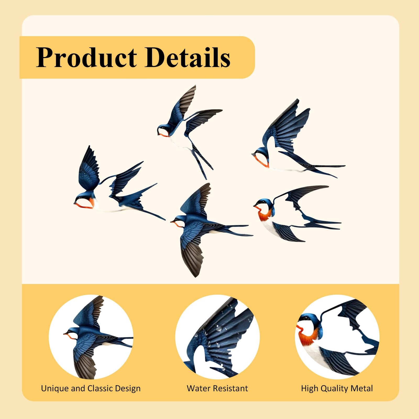 5 Pcs Metal Birds Wall Decor, Vintage colors Birds Metal Wall Art Outdoor Han…
