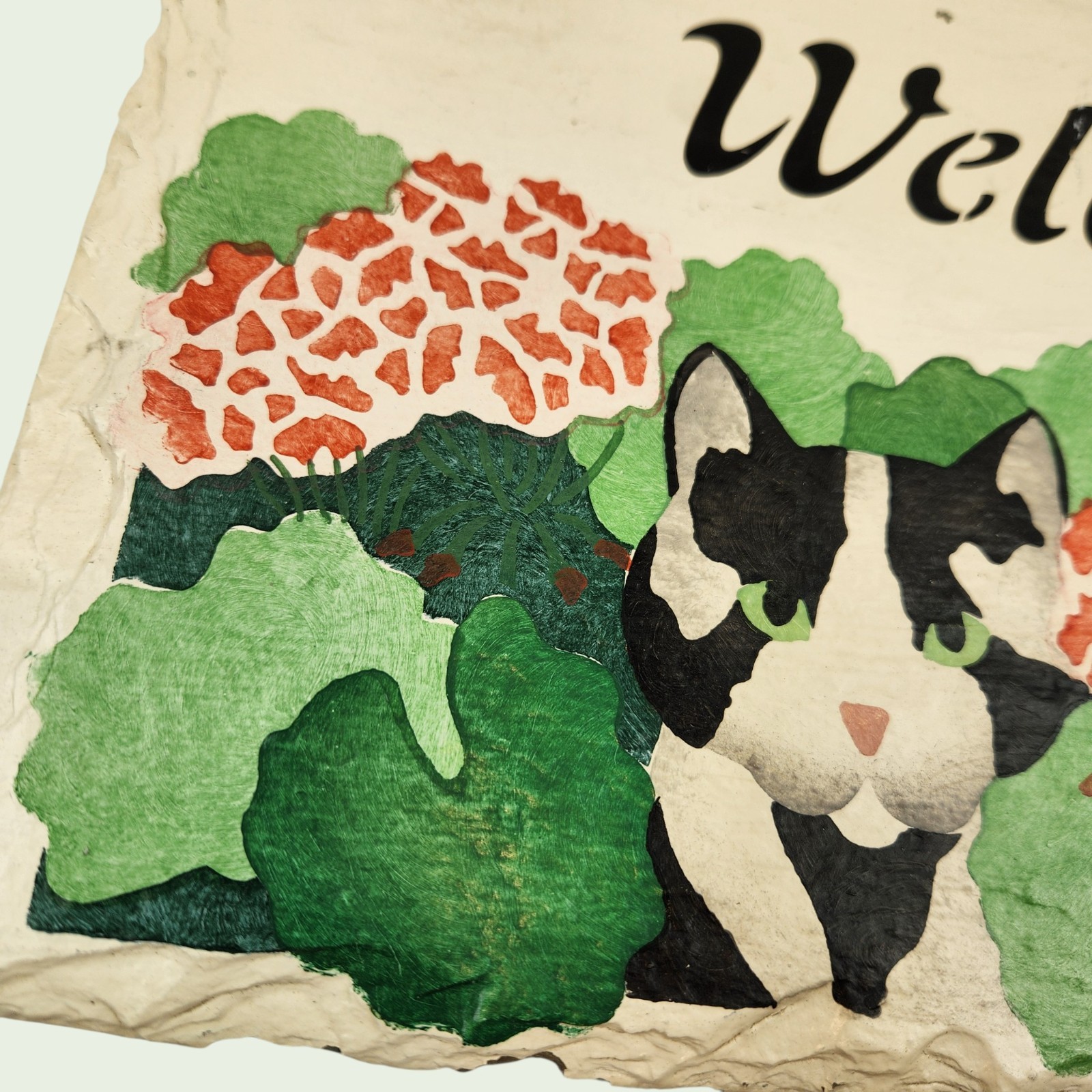 VTG ’79 Slate Cat Sign Handmade Hand‑Painted Welcome Plaque 14X7.75 Cozy Cottage