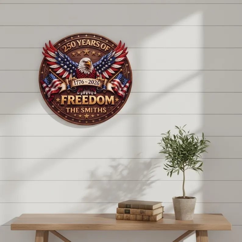 Personalized America 250 Years Wooden Sign, US Flag Eagle Door Hanger