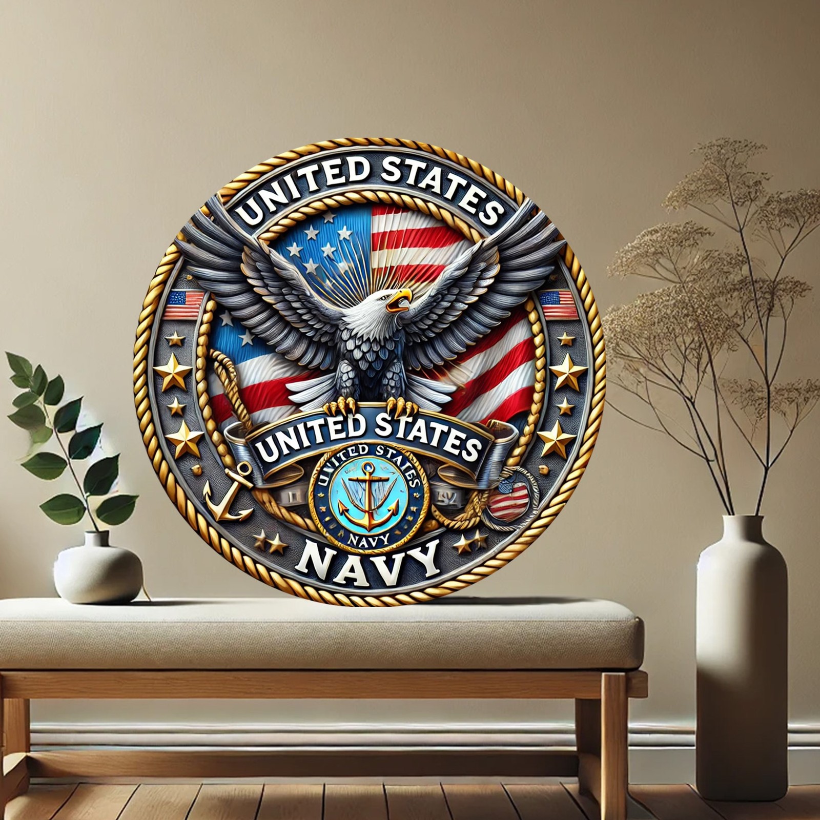 Tin Metal Sign United States Navy Eagle Emblem Aluminum Round 8×8
