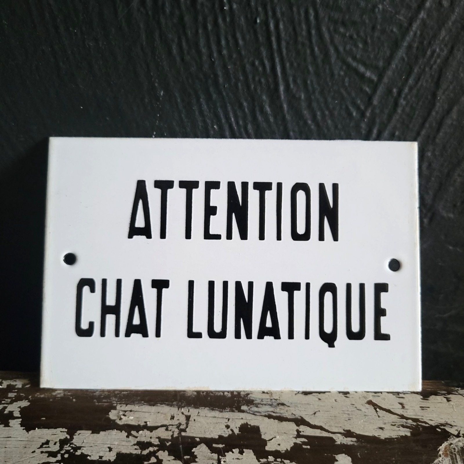 Vintage French Attention Chat Lunatique Porcelain Sign In Black and White