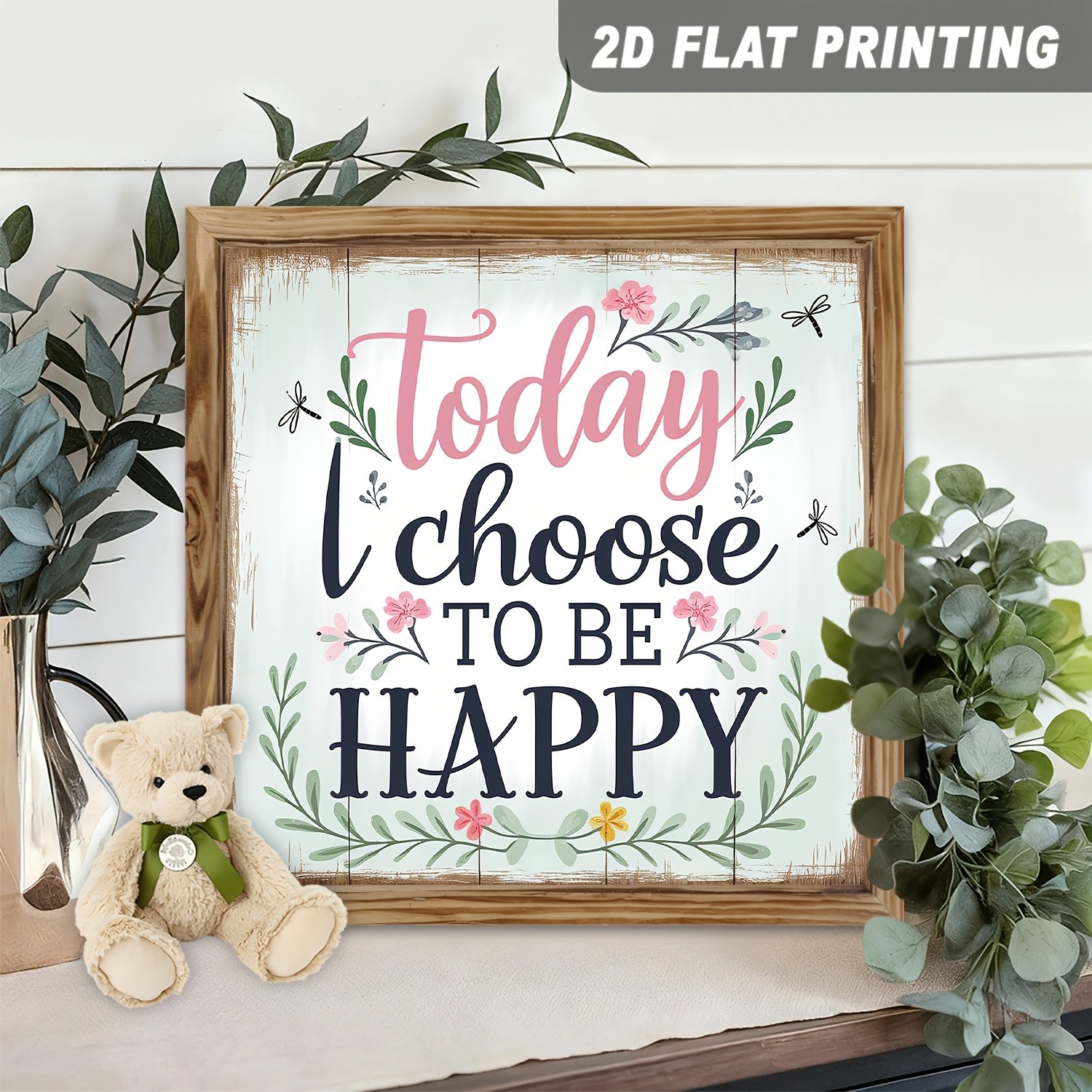 Vintage Today I Choose To Be Happy Wooden Plaque Mothers Day Floral Rustic Gift