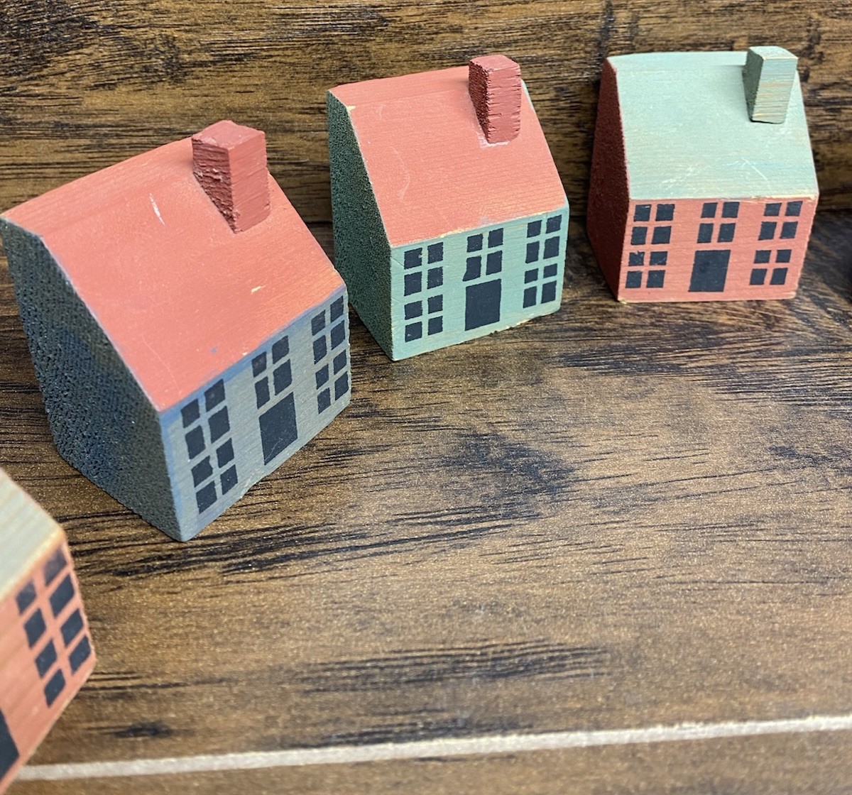 Primitive Wooden WELCOME Block Set House Village Shelf Sitter Folk Art Decor