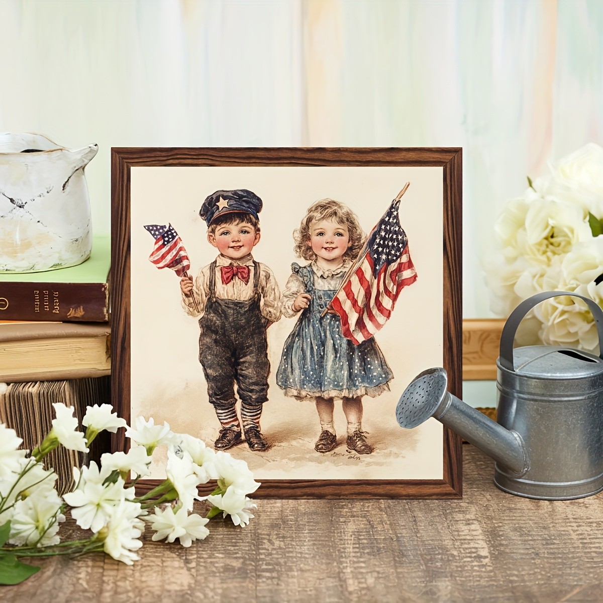 4th Of July Patriotic Children Flag Wooden Plaque Vintage USA Home Decor Gift