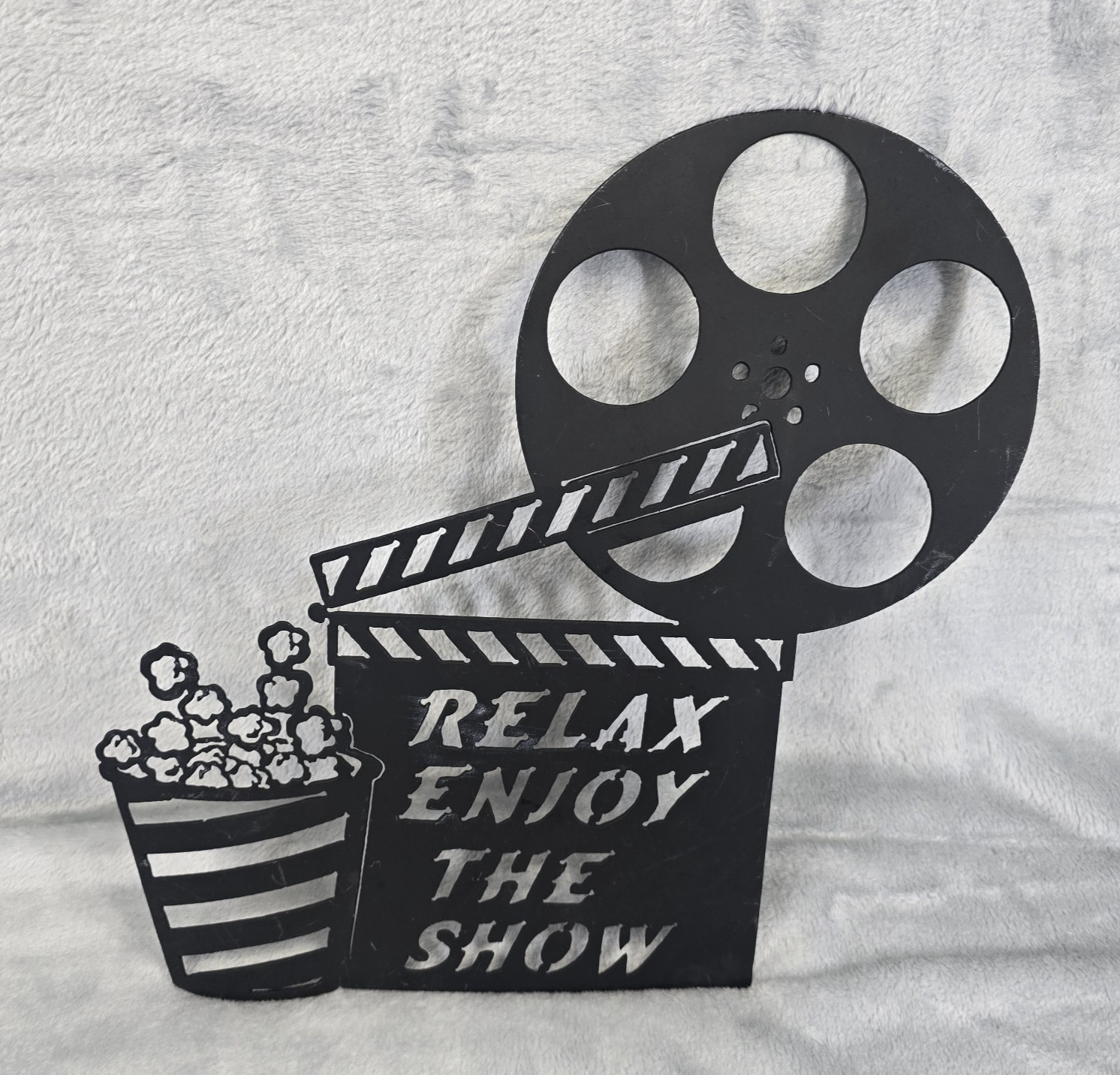 Film Reel Wall Decor with PopCorn and three Signs Light Camera Action