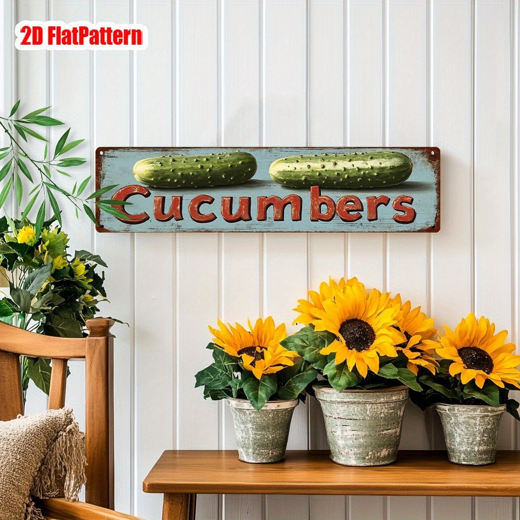Vintage Metal Cucumbers Sign Rustic Farmhouse Kitchen Garden Wall Decor 16×4in