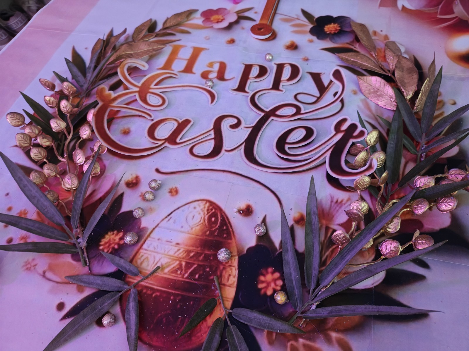 Easter Floral Wall Sign with 3D Effect, Pink Gold Purple Festive Decor, Large