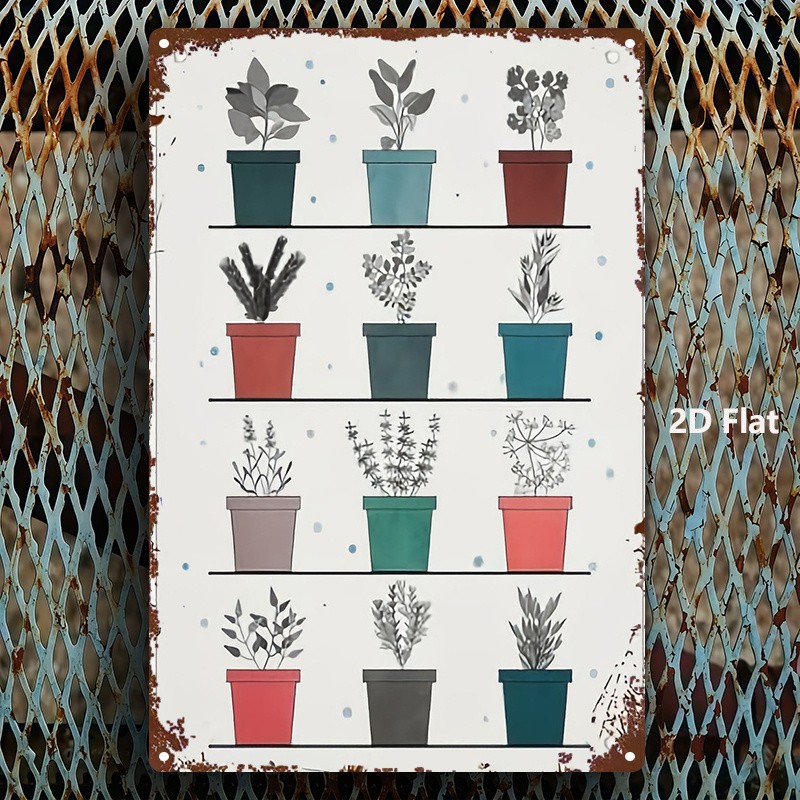 Vintage White Metal Sign multi-color potted plant illustration home wall decor