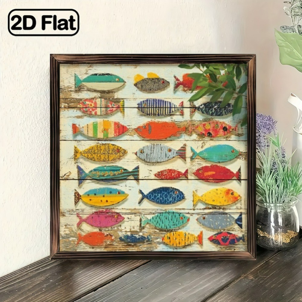 Vintage Folk Hand Painted Fish Coastal Rustic Wooden Sign Bathroom Art Decor
