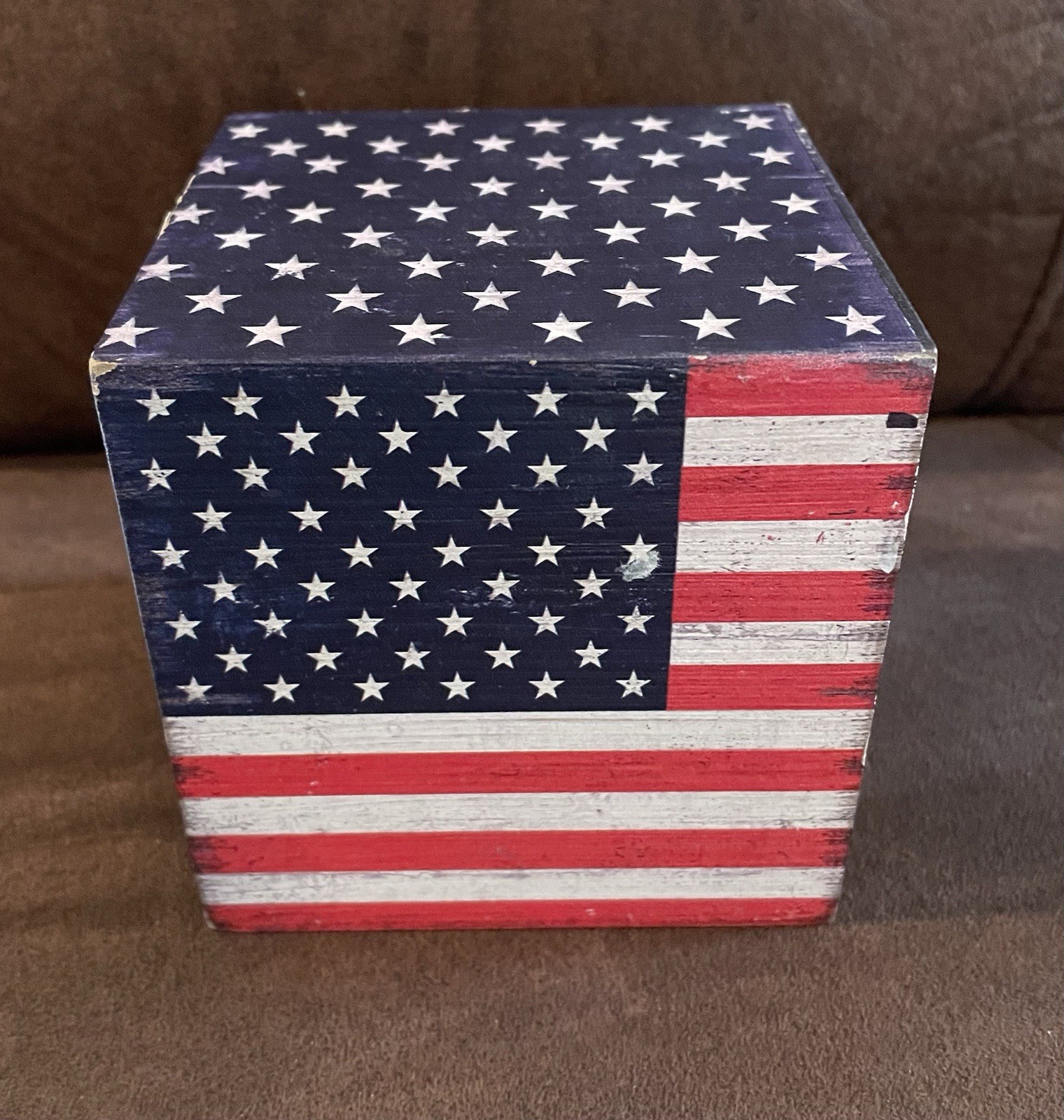 Solid Distressed Wood 4in X 4in American Flag Cube Decor By Quill To Paper