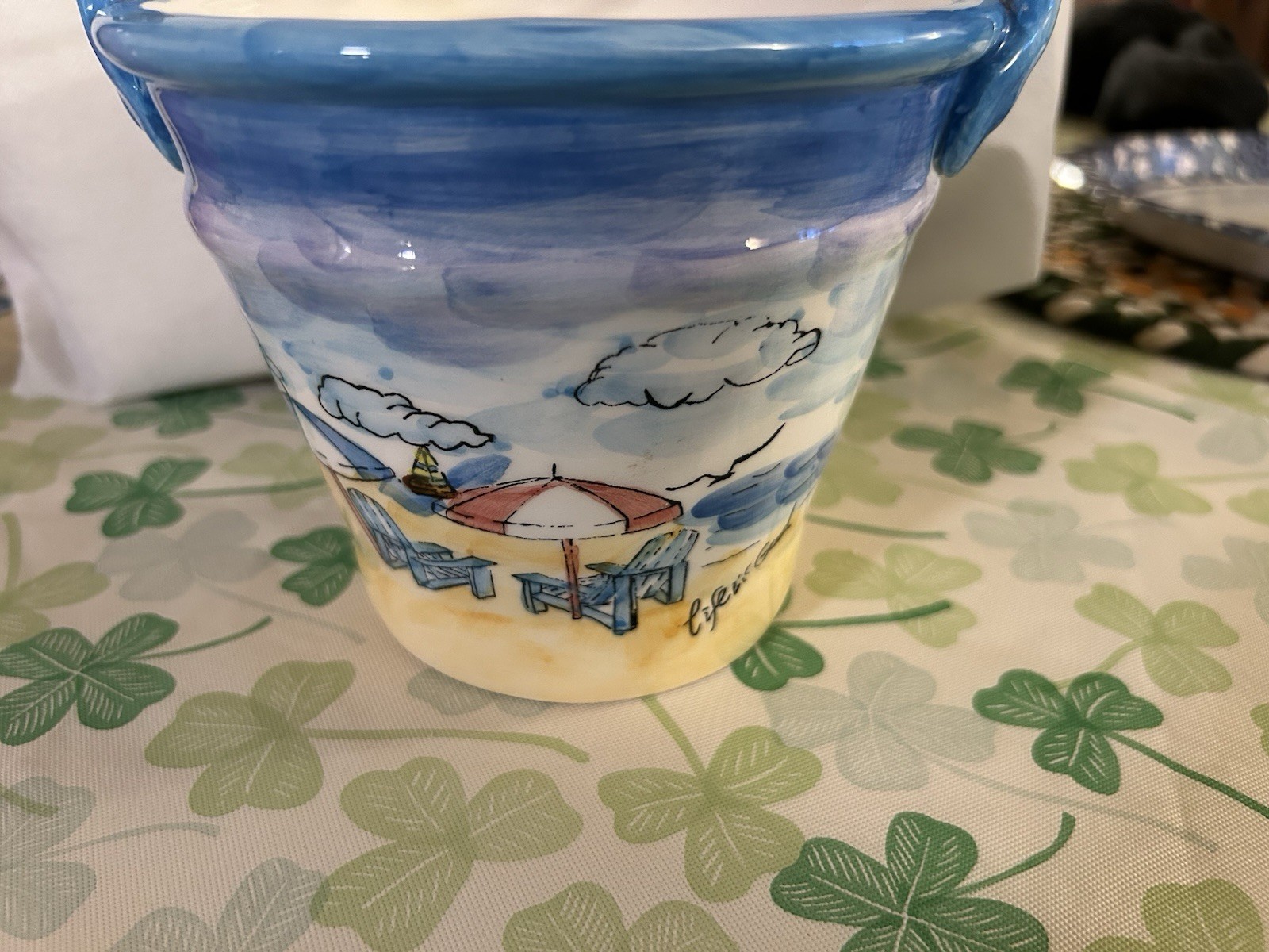 Life Is Good Ceramic Bucket With Wood Handle & Beach Scenery