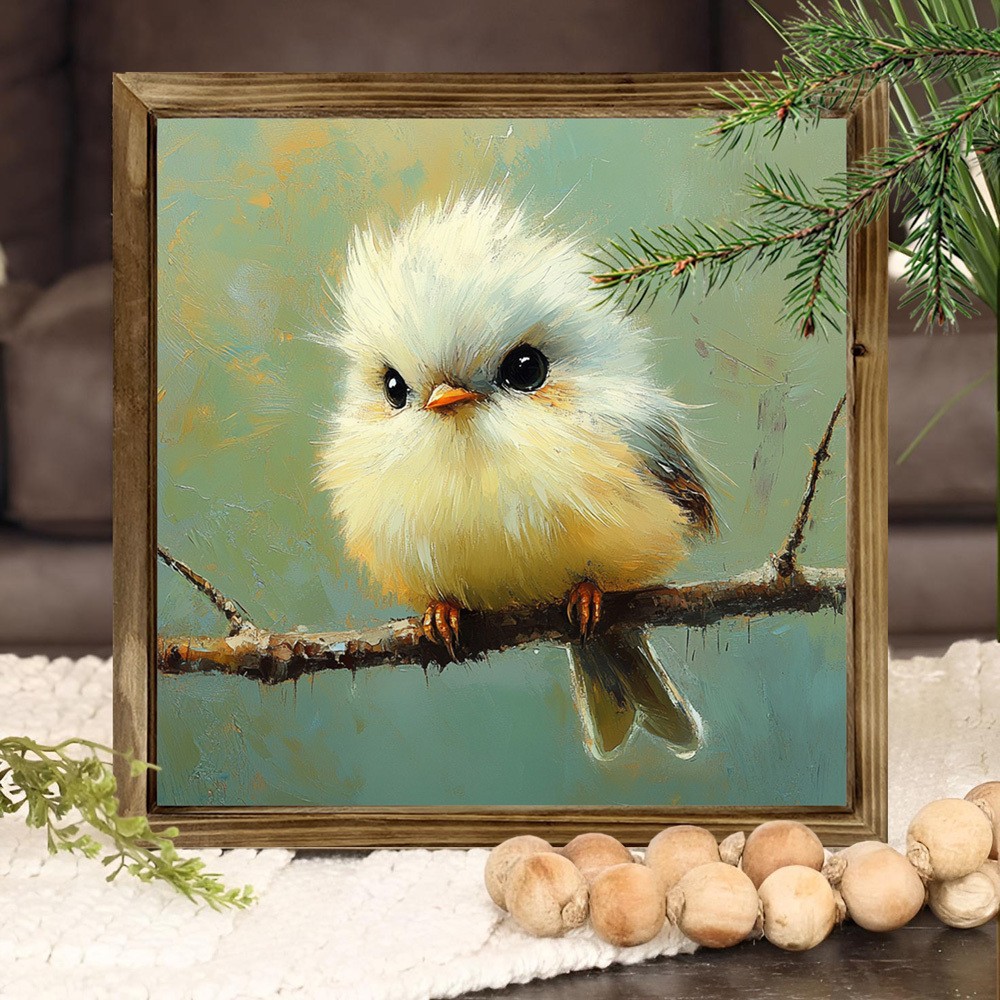 Cute Fluffy Bird Oil Painting Wall Art Rustic Wood Frame Nature Home Decor Gift