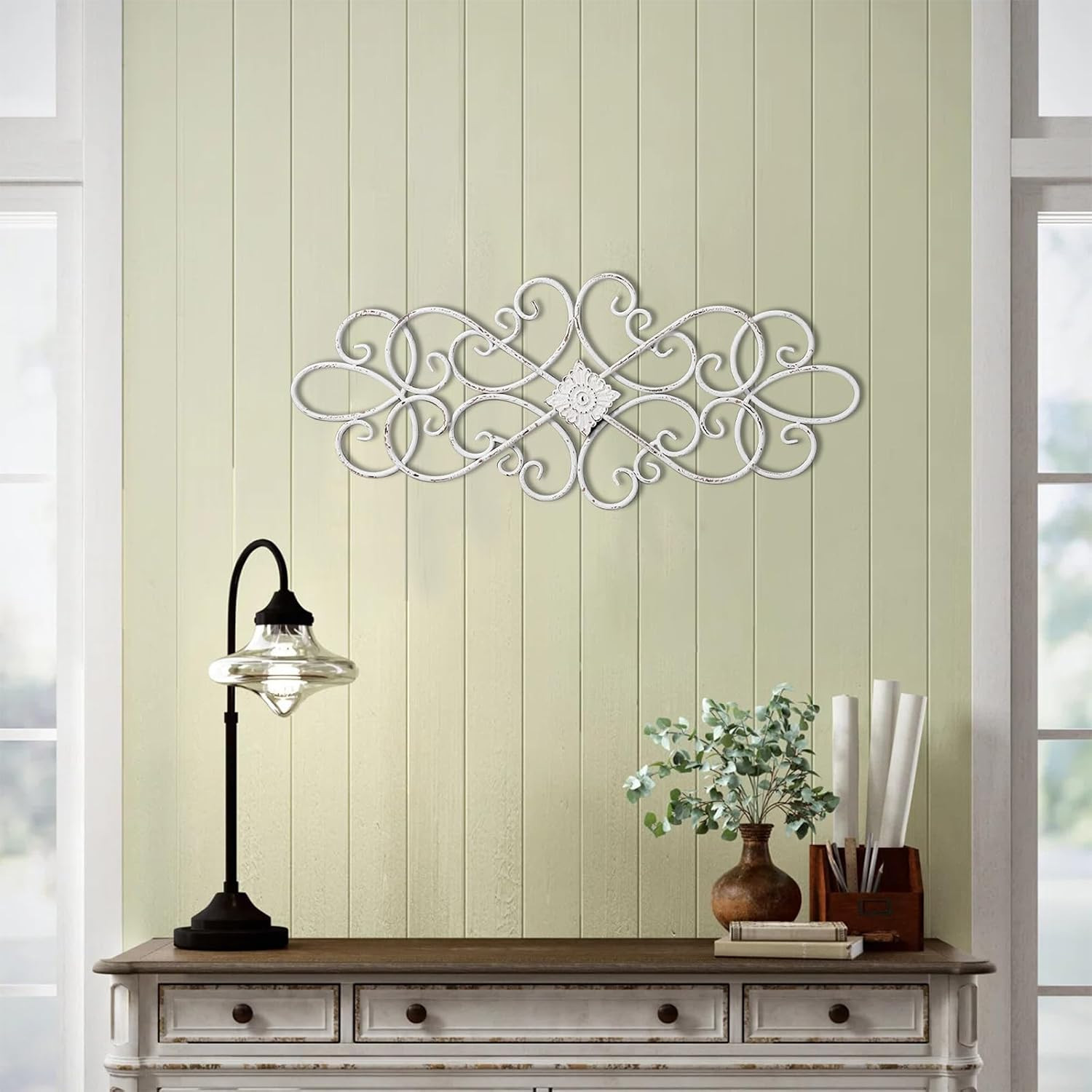 White Flower Scroll Metal Wall Art Decor 32″ x 13″ | Hanging Vintage Large Flora