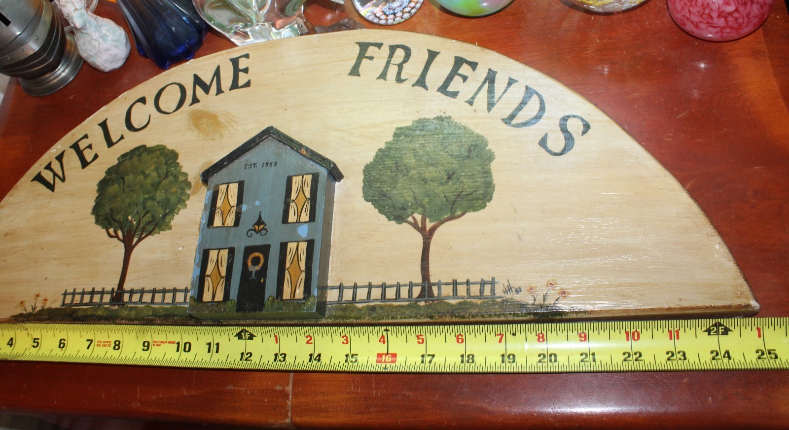 Vintage WELCOME FRIENDS Handcrafted Wood Arched Hand Painted House Sign Plaque