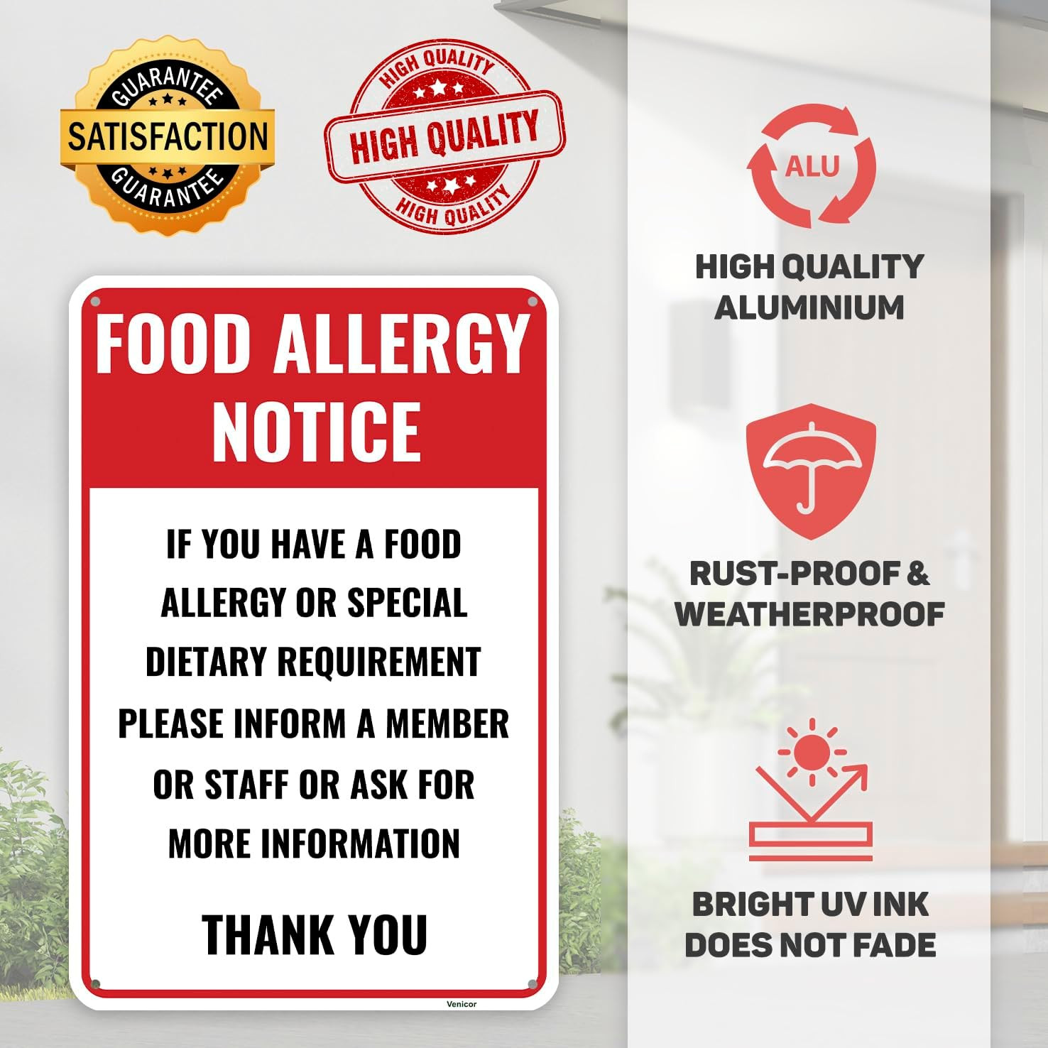 1PC Food Allergy Sign, 12 X 8 Inches – Aluminum – Food Allergen Sign for Restaur