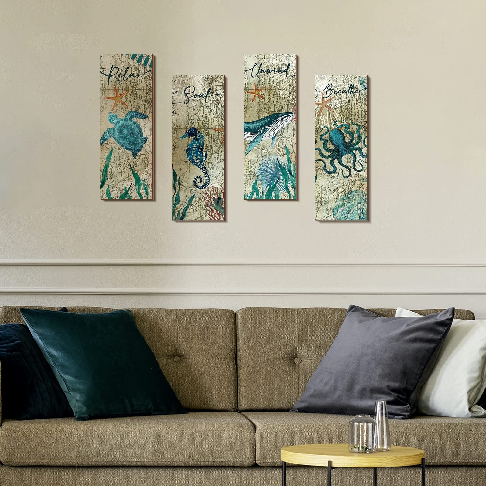 Qunclay 4 Pieces Beach Bathroom Decor Wall Sign Ocean Decor Sea Turtle Wall Art