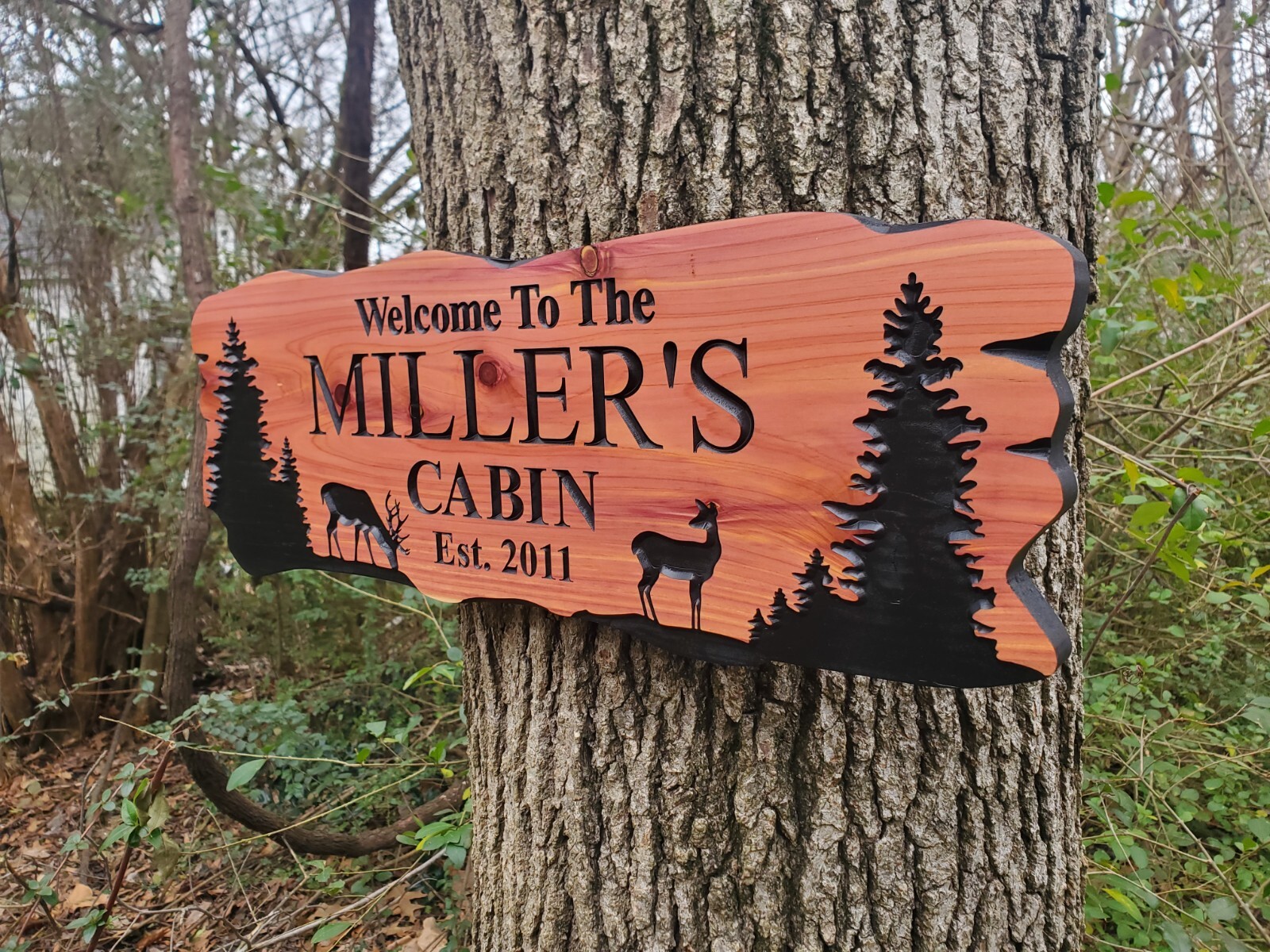 Custom Cabin Sign Carved Wood Family Name Vacation Home Plaque Deer Camp Home