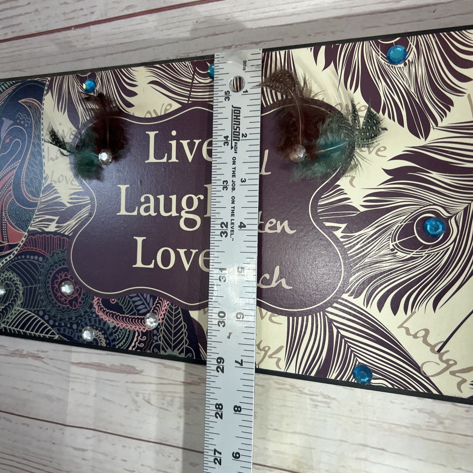 Live Well Love Much Laugh Often Peacock Bling Feather Wall Art wood Plaque 14X7″