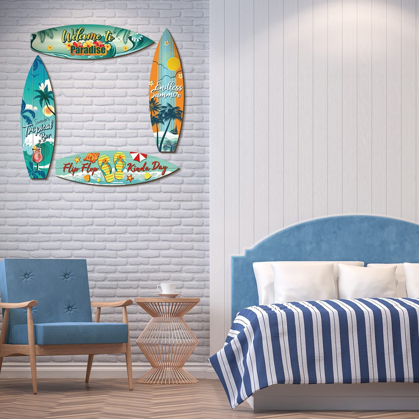 Tatuo 4 Pcs Surfboard Decor Hawaiian Wooden Beach Wall Decor Tiki Tropical Bar D