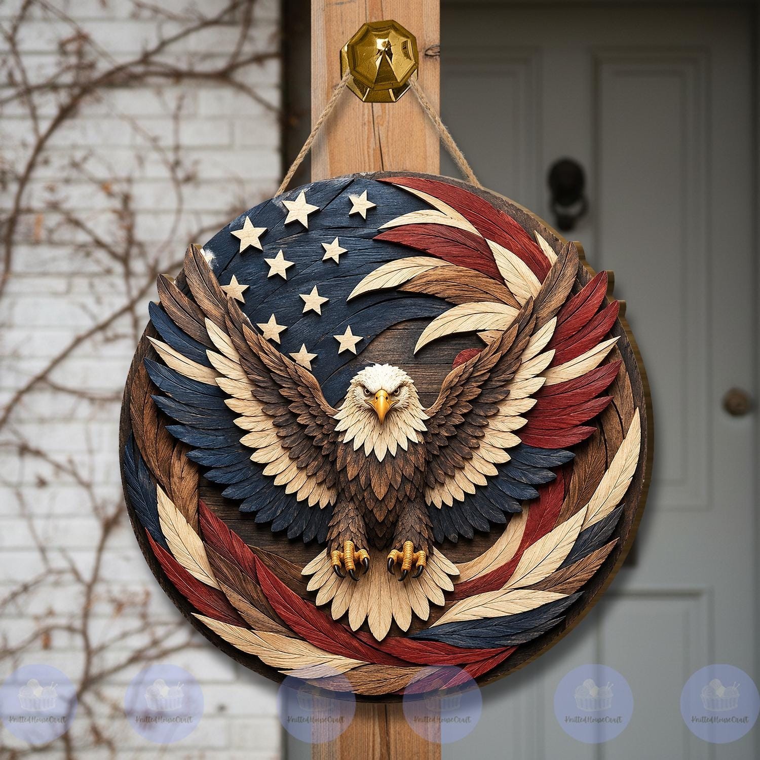 Patriotic Eagle Wooden Door Hanger, Americana Front Porch Sign, Rustic American