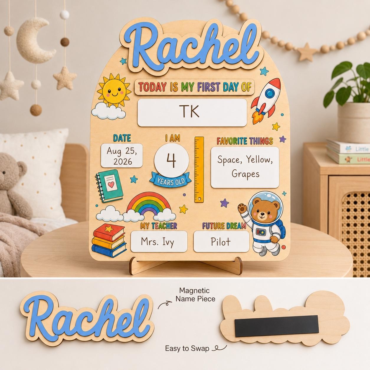 Personalized First Day School Sign, Reusable Wooden Milestone Board