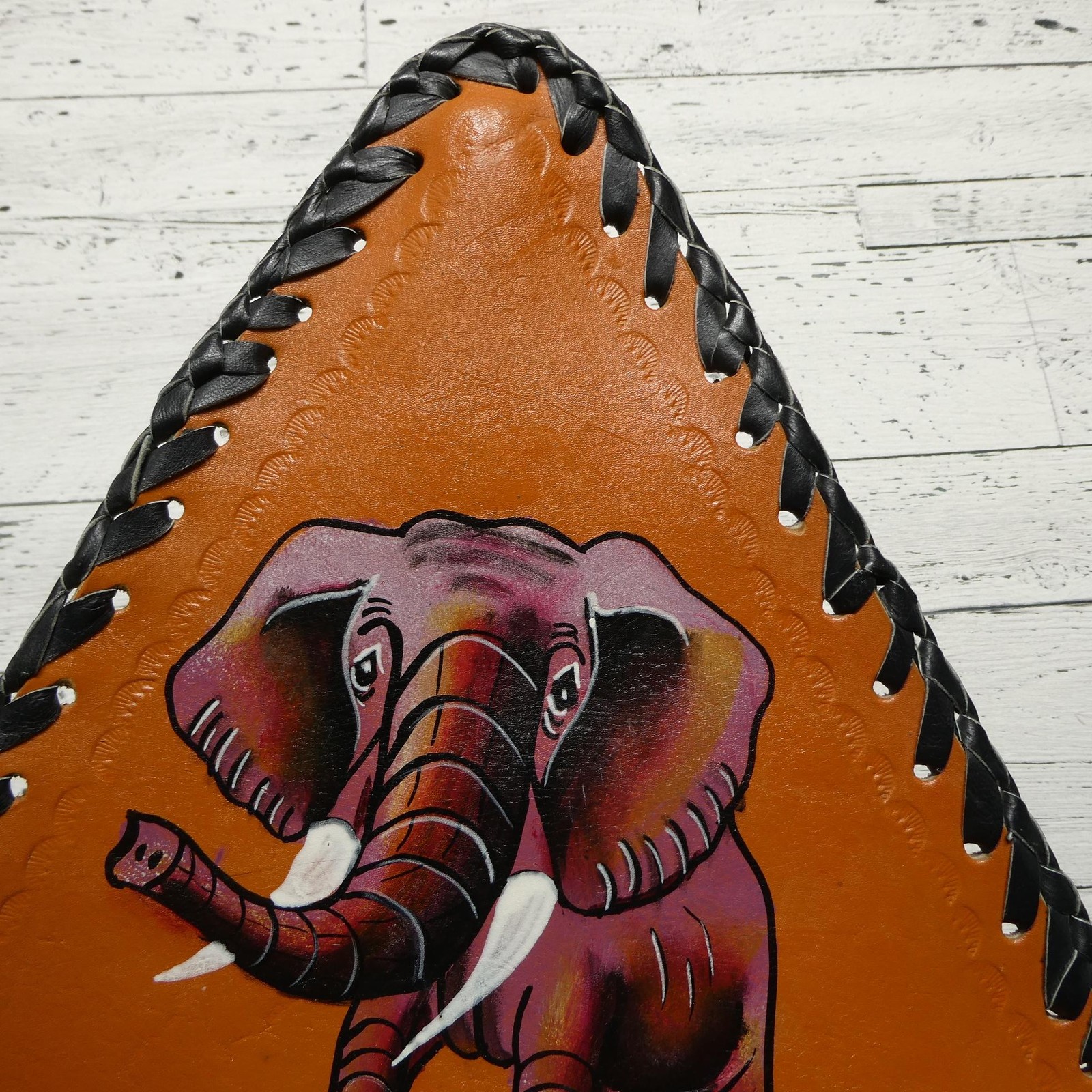 Leather Triangle Elephant Wall Plaque Hand Painted African Brown Medium Decor