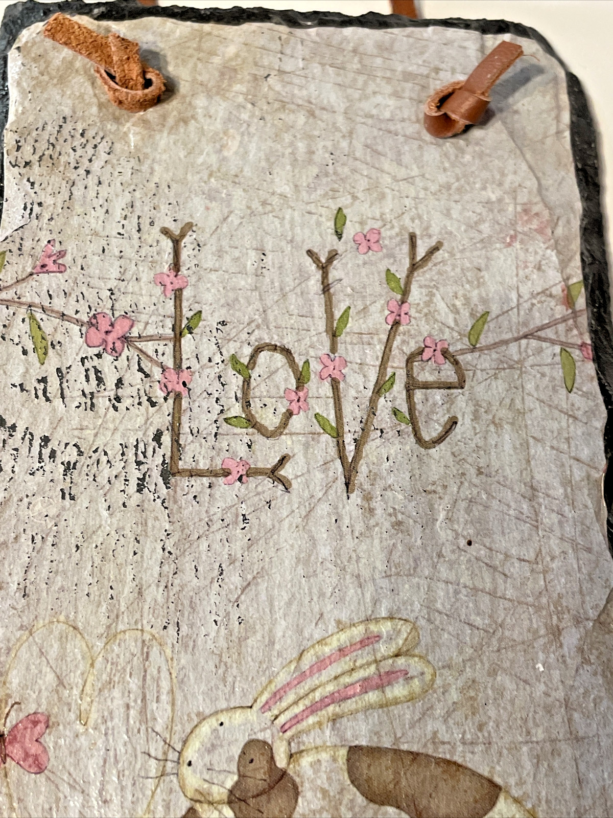 Rectangular Slate Wall Decor Bunny & Butterfly Design Distressed “Love”