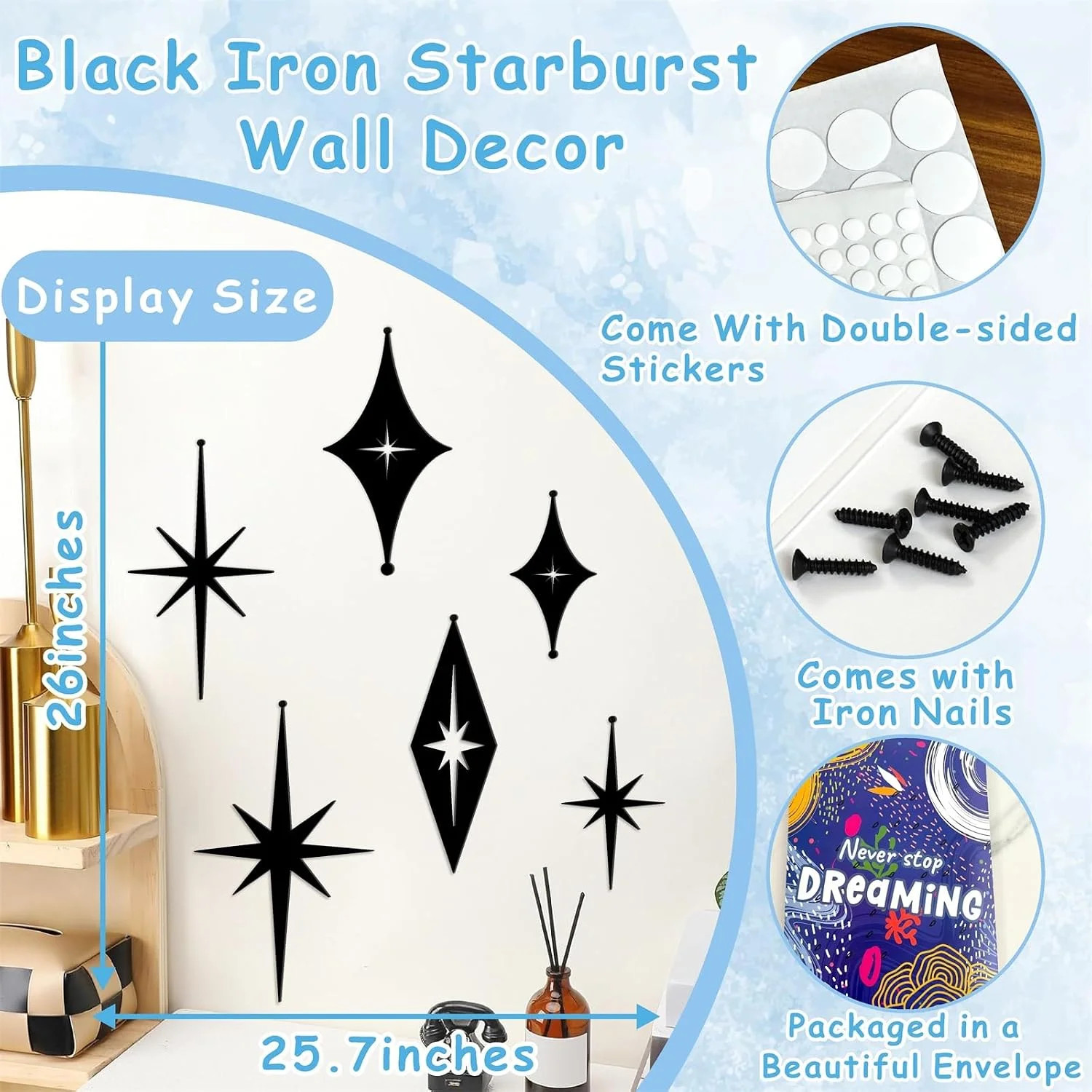 5 Pcs Iron Star Wall Decor Black Starburst Metal Wall Art Mid Century Modern Wal