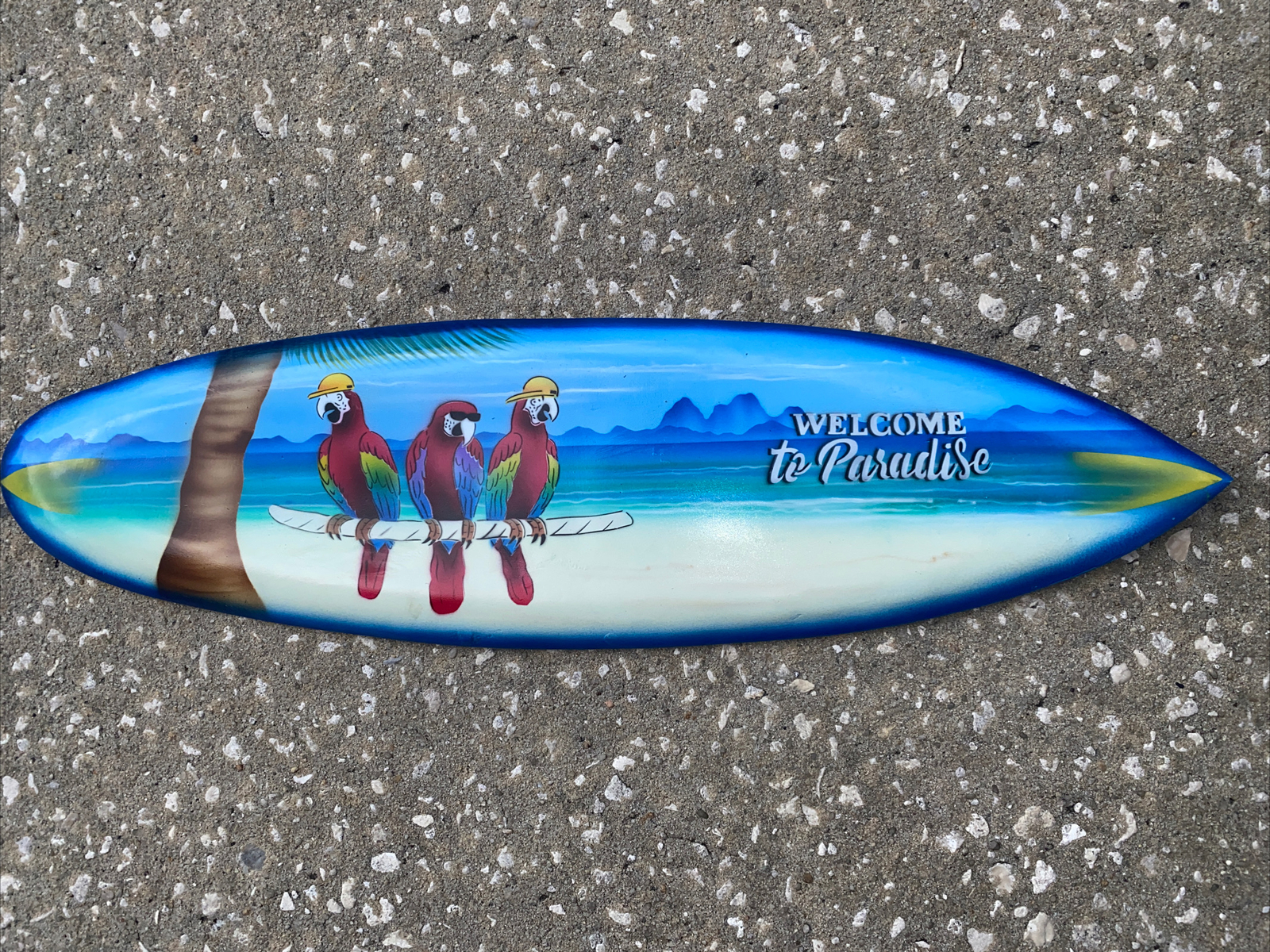 24” WELCOME TO PARADISE PARROT AIRBRUSHED SURFBOARD SIGN WALL ART TIKI DECOR