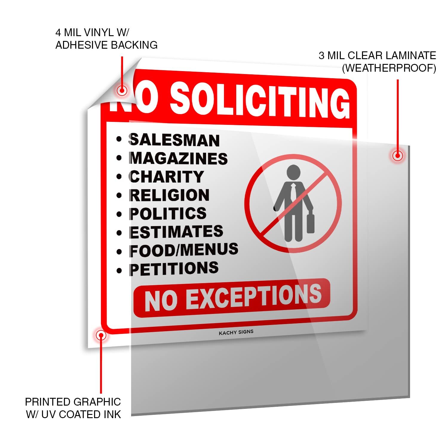 (Set of 4) No Soliciting Sticker Sign 6″ x 6″ – Durable Self Adhesive 4 Mil V…
