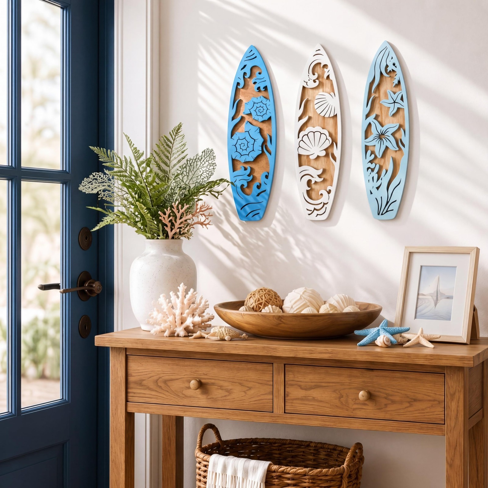 3 Pcs Ocean Beach Surfboard Wall Decor – Coastal Wooden Hanging Sign Set, Nautic
