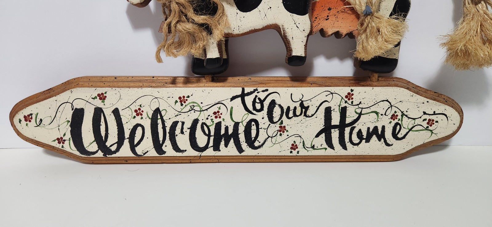 Vintage Wooden Cow Welcome To Our Home Wall Hanging Sign Rustic Farmhouse Decor