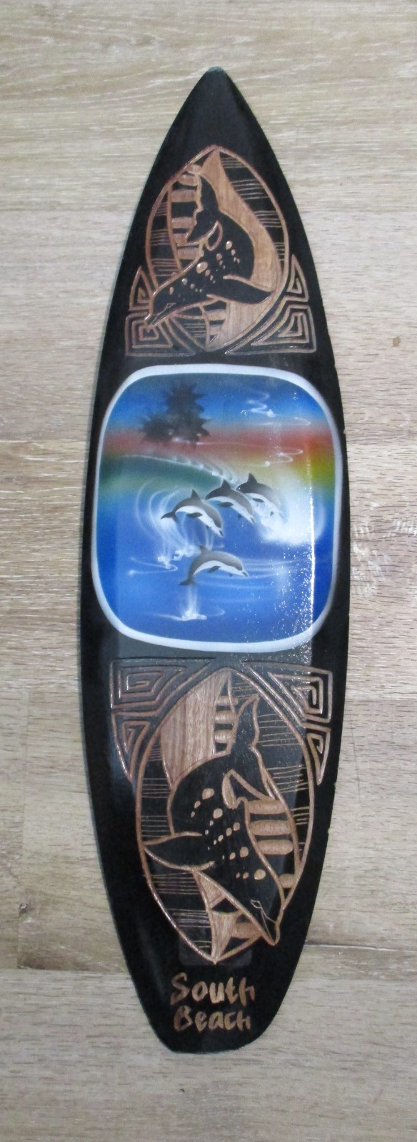 WOODEN ENGRAVED SOUTH BEACH ,DOLPHINS, SURFBOARD WALL HANGING 24 in L. X6 in W