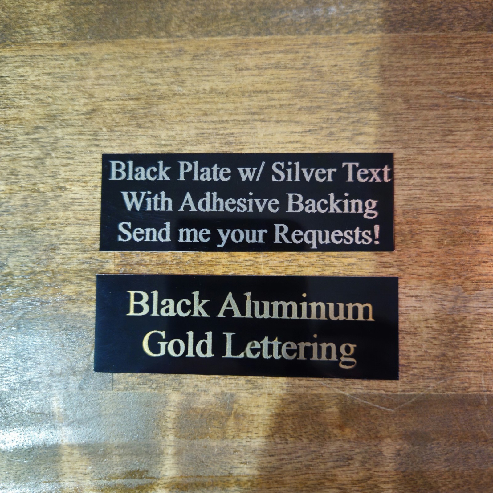 Custom Aluminum Black Plate w/ Gold or Silver Text Adhesive Tag Sign Home Garden