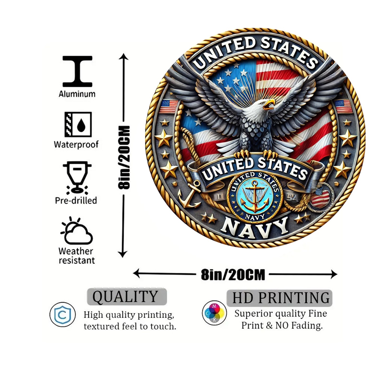 Tin Metal Sign United States Navy Eagle Emblem Aluminum Round 8×8